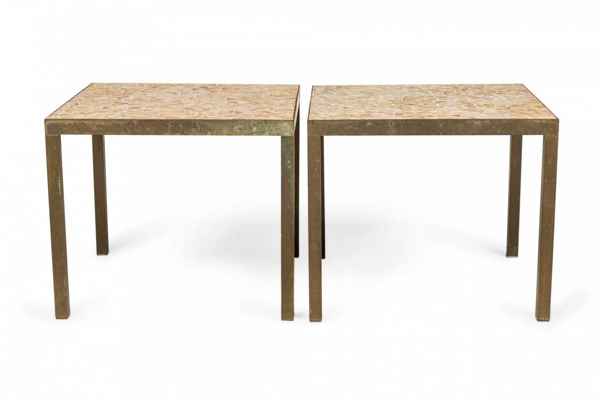 Pair of Jack Stewart American Mid Century Beige Mosaic Tile and Brass Frame Square End Side Tables