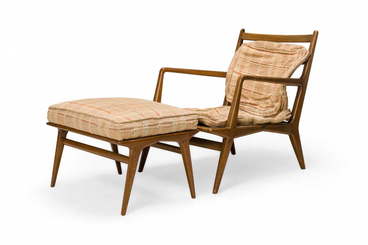 Bertha Schaefer for Singer Sons Mid Century Beige Plaid and Walnut Lounge Chair and Footstool
