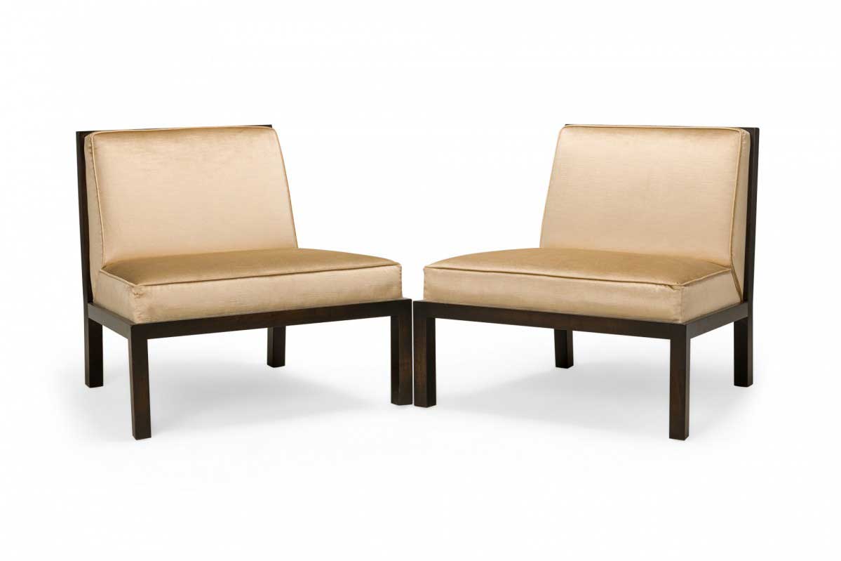 Pair of Michael Taylor for Baker Furniture Co American Mid Century Champagne Satin Slipper Chairs