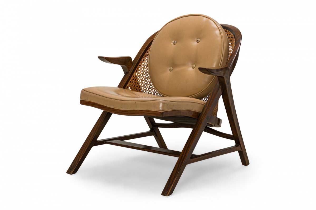 Edward Wormley for Dunbar American Mid Century Walnut Cane and Tan Leather Janus Lounge Armchair 1
