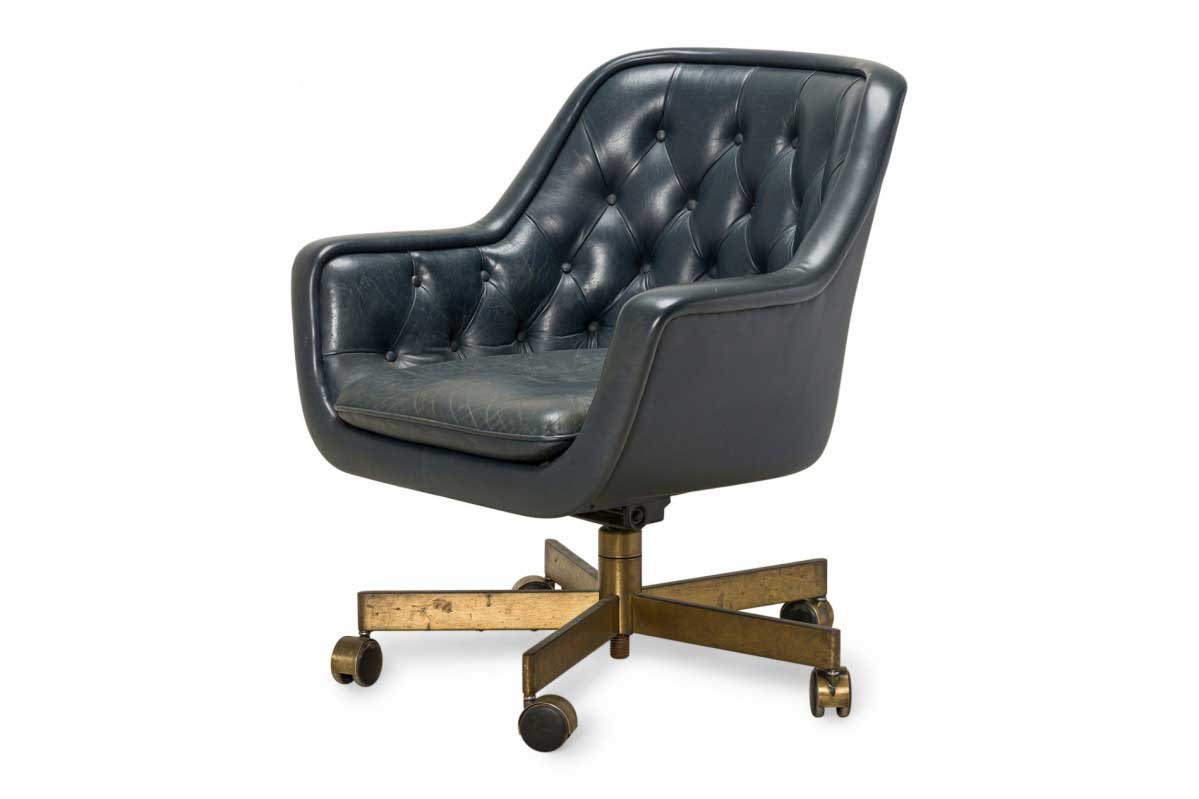 Ward Bennett for Brickel Associates American Mid Century Tufted Blue Leather Swivel Office Chair