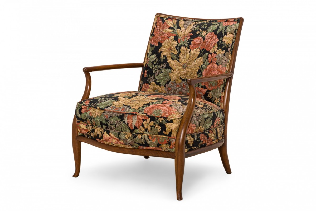 TH Robsjohn Gibbings or Widdicomb Mid Century French Walnut and Floral Upholstered Armchair