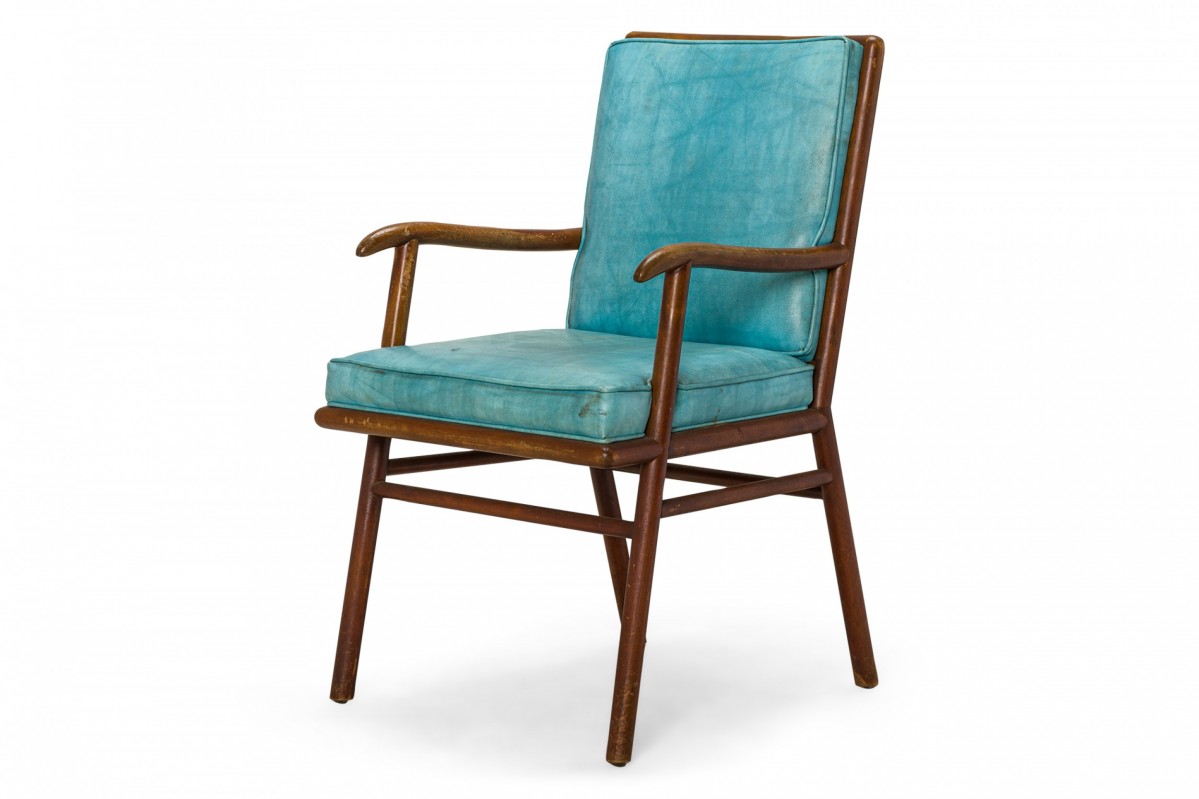 TH Robsjohn Gibbings for Widdicomb American Mid Century Walnut and Blue Vinyl Dining Armchair