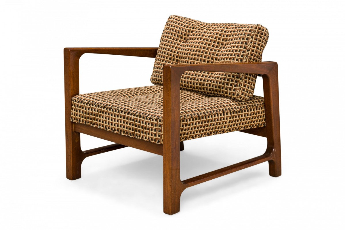 Harvey Probber American Mid Century Shaped Walnut and Geometric Brown Upholstered Lounge Armchair