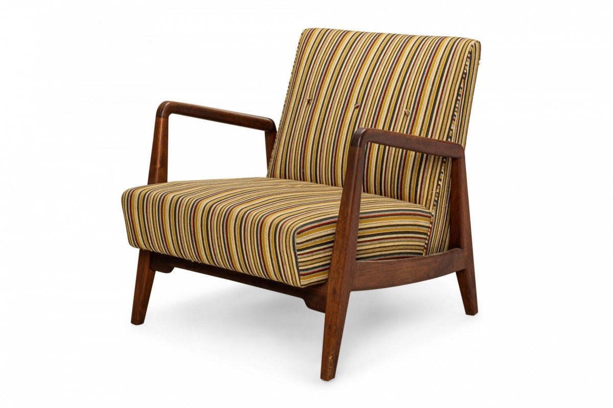 Jens Risom Danish Mid Century Shaped Teak and Striped Upholstered Lounge Armchair 