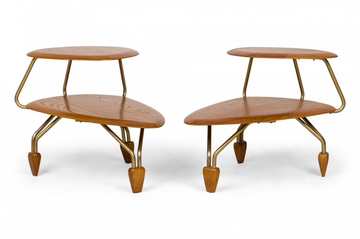 Pair of California Design American Mid Century Walnut and Brass Two Tier Step End Side Tables