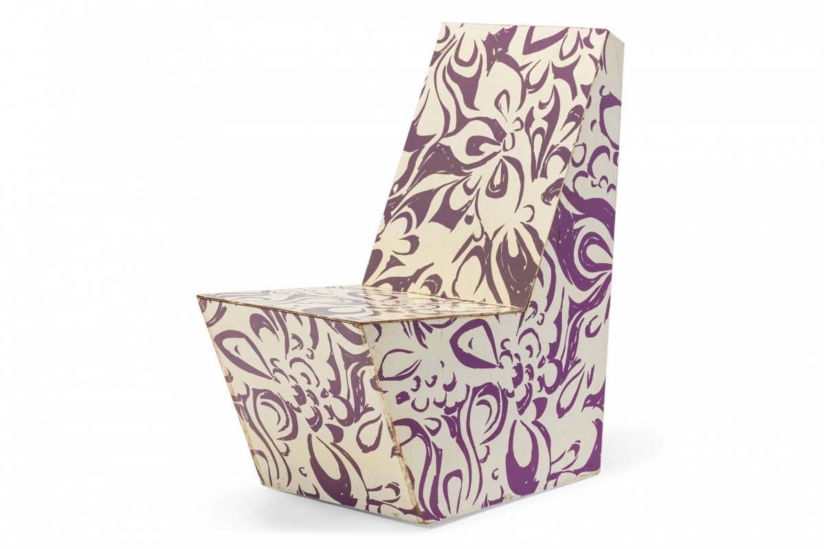 Bill Bell American Mid Century White and Purple Psychedelic Patterned Painted Plywood Side Chair