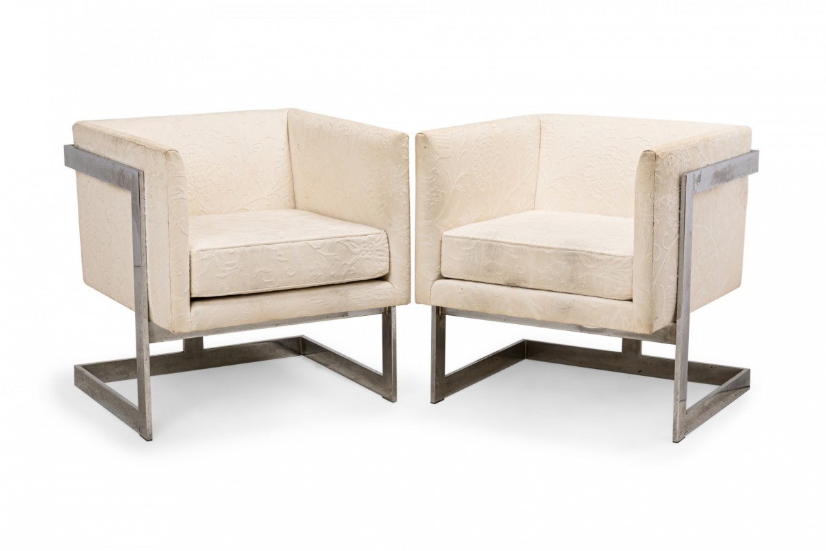 Pair of milo baughman american mid century floating cube chrome and beige upholstery armchairs
