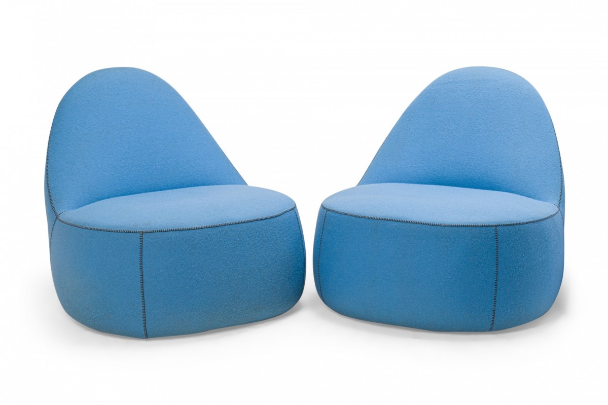 American contemporary mitt design light blue felt upholstered slipper chairs