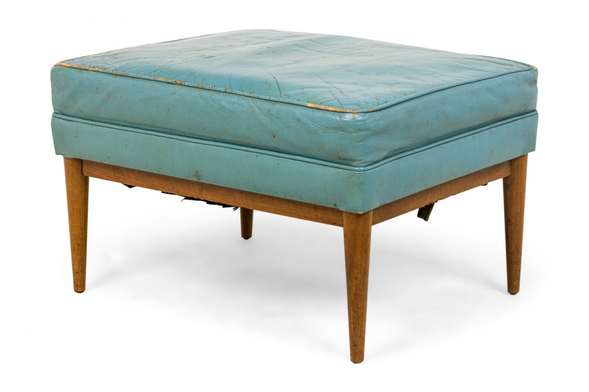 Paul mccobb for directional american mid century rectangular blue leather and walnut ottoman