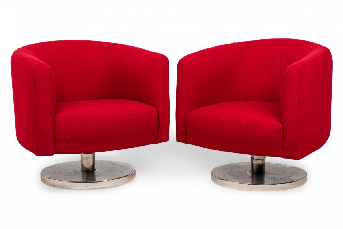 Pair of milo baughman american mid century bright red upholstered swivel tilt tub armchairs