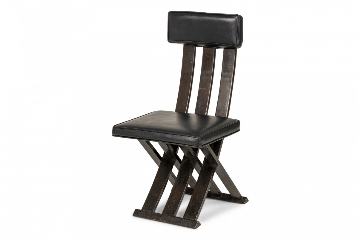 Harvey probber american mid century scissor form ebonized wood and black leather side chair