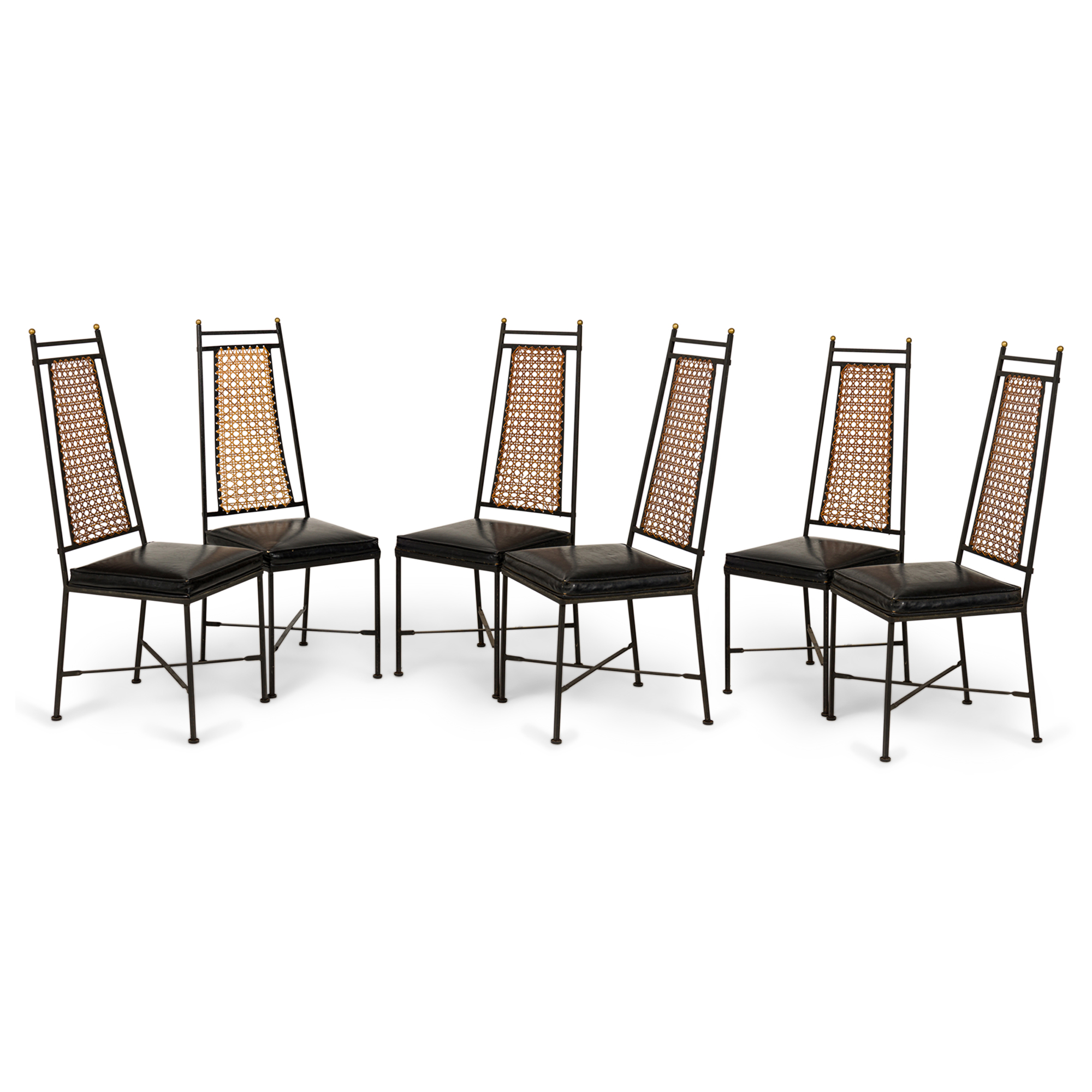 Set of 6 american mid century tapered back wrought iron caned seat dining side chairs