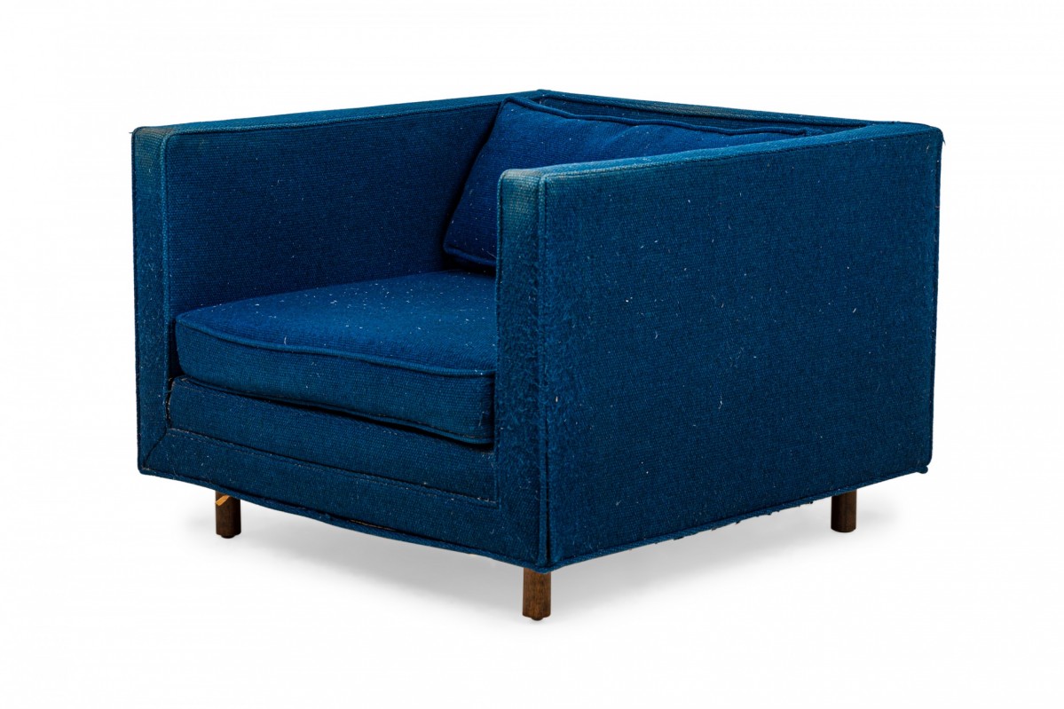 Harvey probber american mid century cube form blue textured fabric upholstered lounge armchair