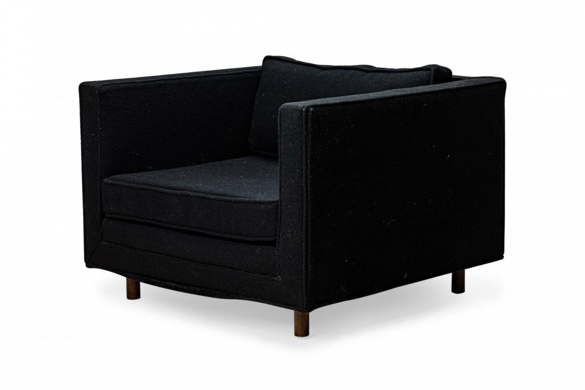 Harvey probber american mid century cube form black textured fabric upholstered lounge armchair