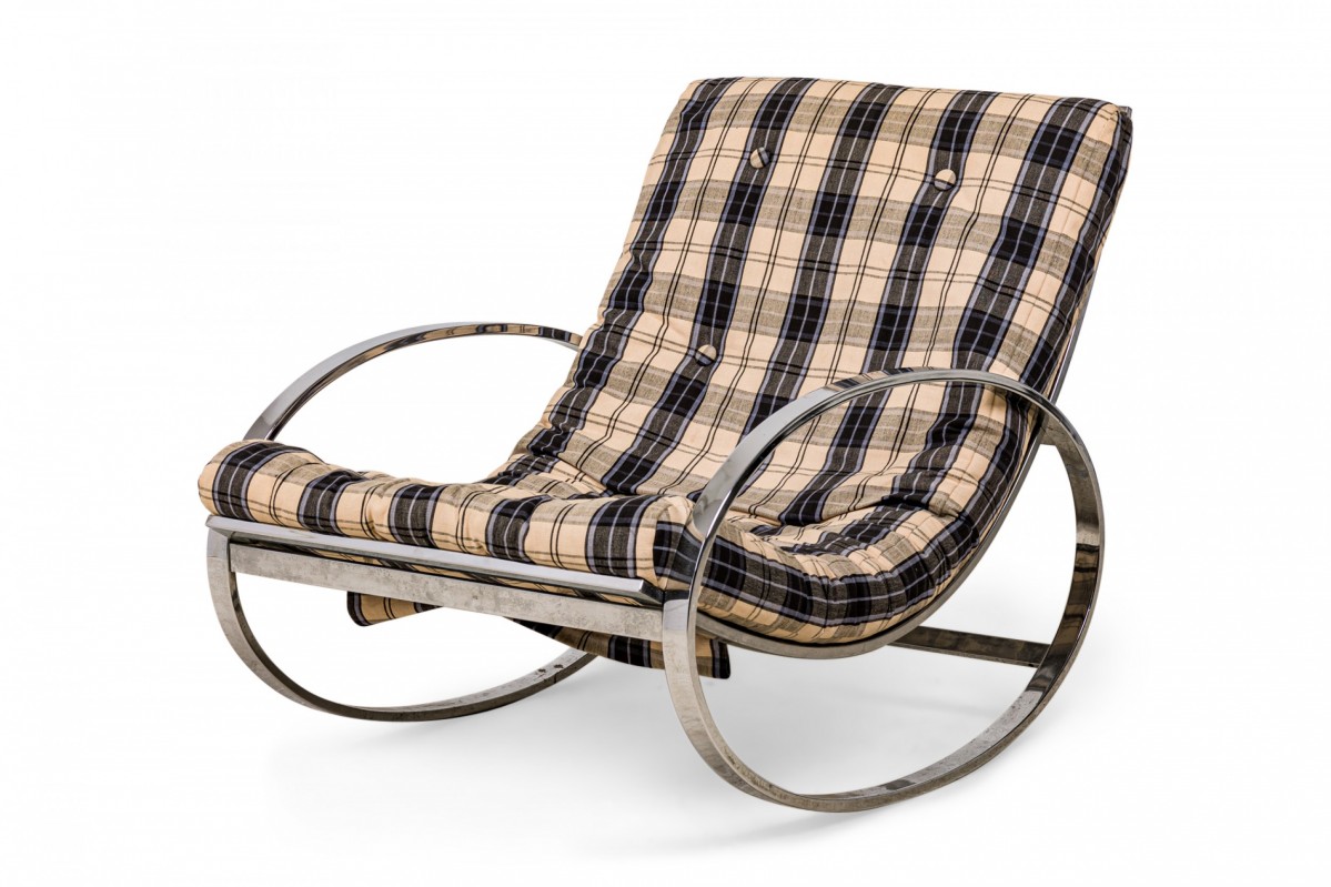 Renato zevi italian mid century ellipse chrome and plaid fabric upholstered rocking chair