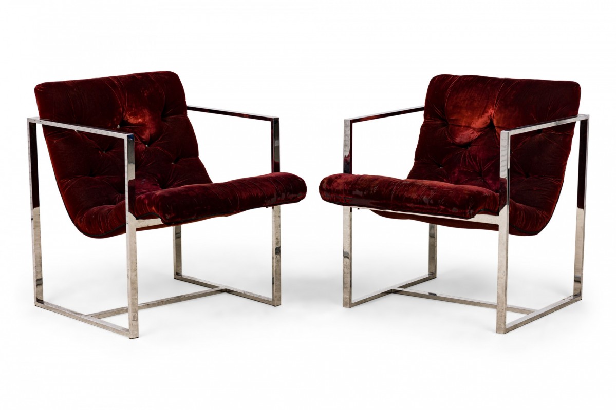 Pair of milo baughman for thayer coggin american mid century dark crimson scoop lounge armchairs