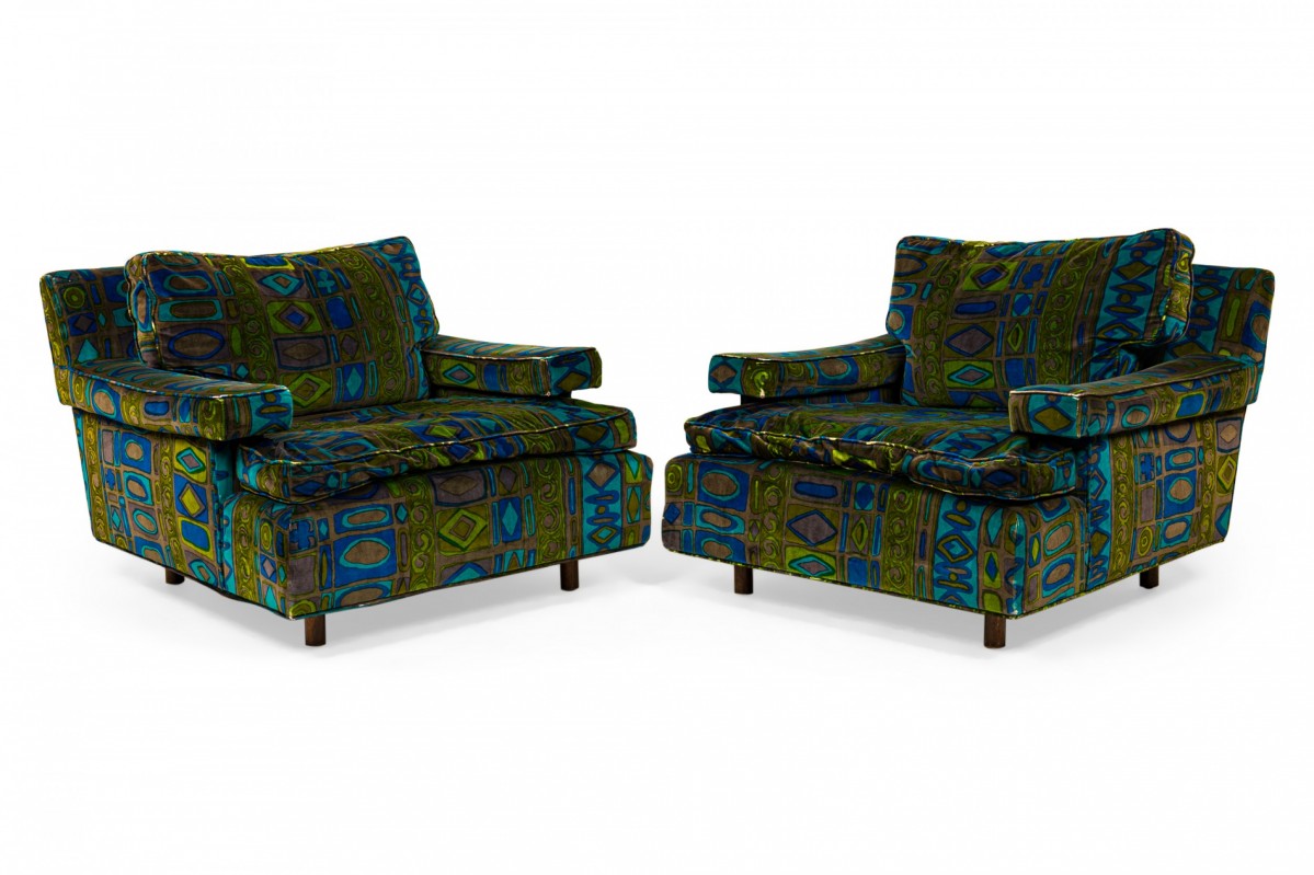 Pair of harvey probber american mid century green and blue patterned velvet cube armchairs