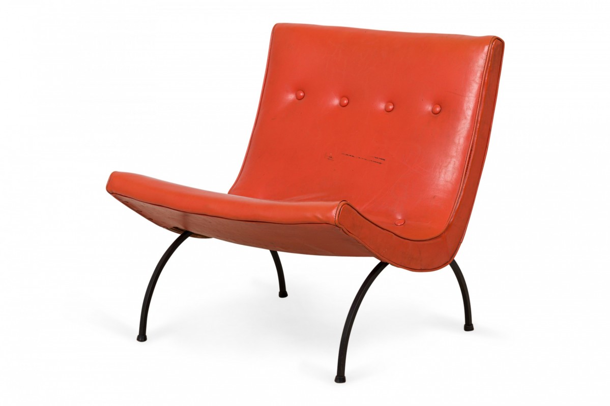 Milo baughman american mid century orange tufted vinyl upholstery and iron scoop lounge side chair