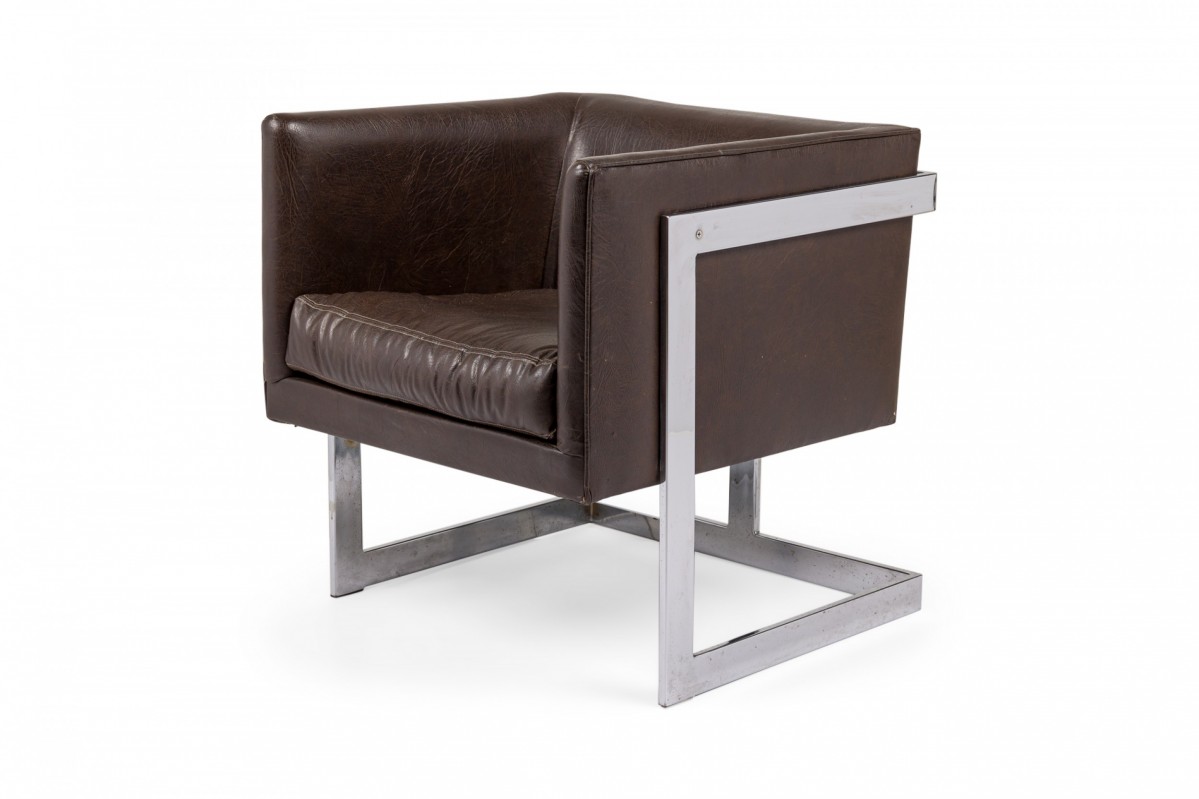 Milo baughman american mid century brown vinyl cube lounge armchair