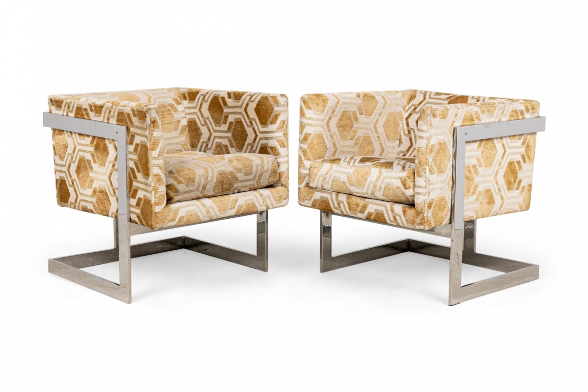 Pair of milo baughman american mid century geometric gold and white cube form lounge armchairs