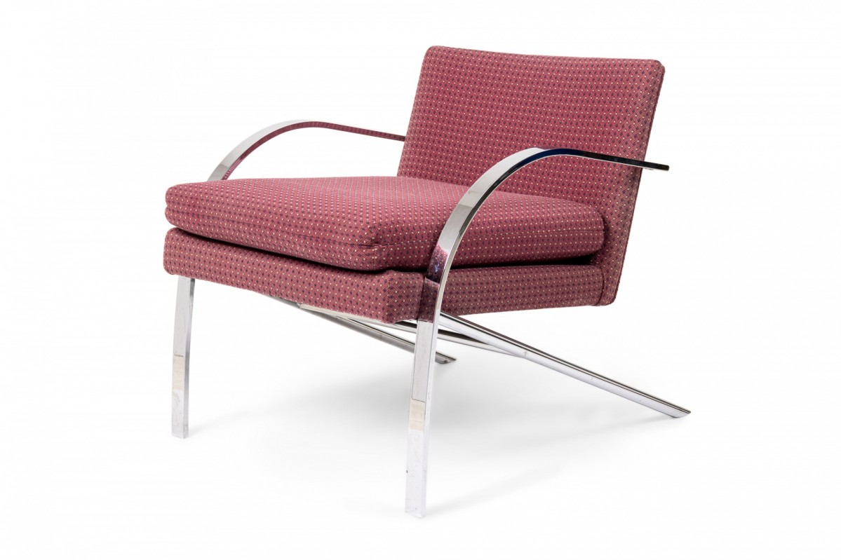 Paul tuttle american mid century arco chrome and red patterned upholstery lounge armchair