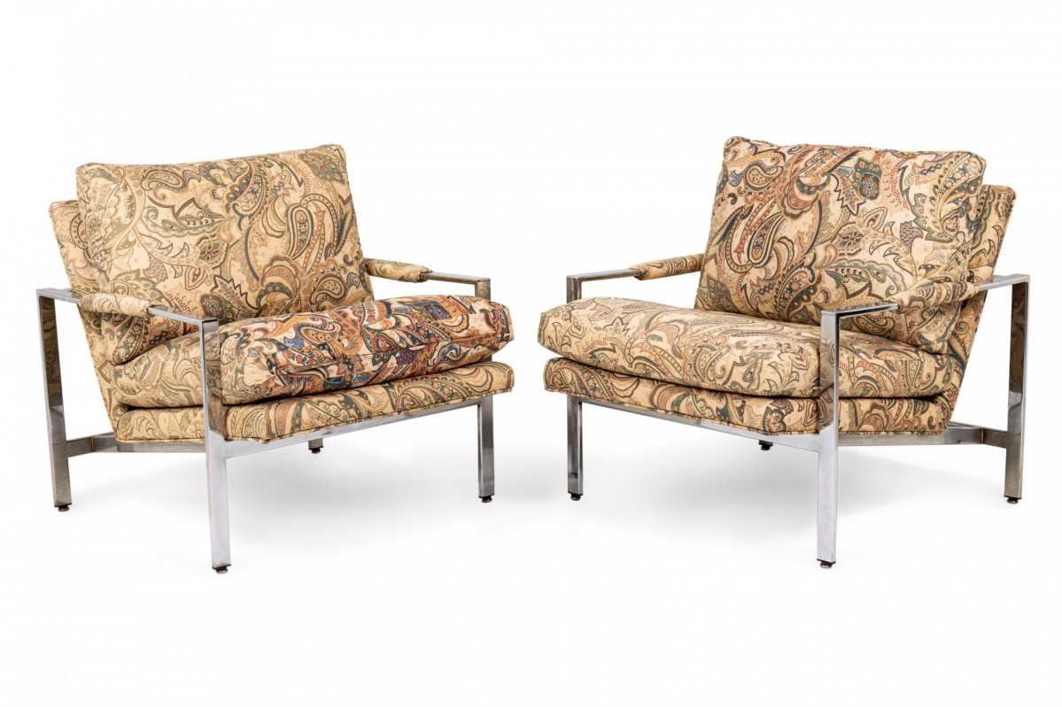 Pair of milo baughman for thayer coggin chrome and paisley fabric flat bar lounge armchairs