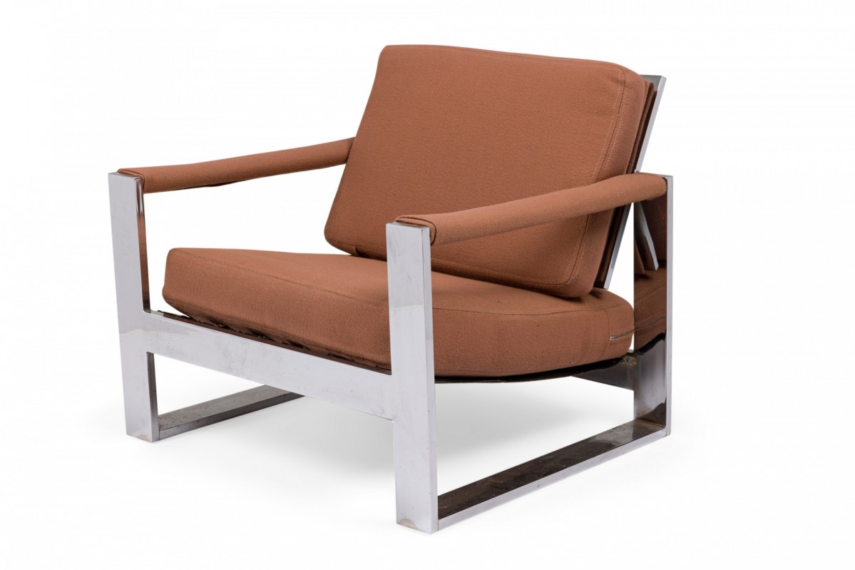 Milo baughman american mid century chrome and dark pink fabric upholstered tank lounge armchair