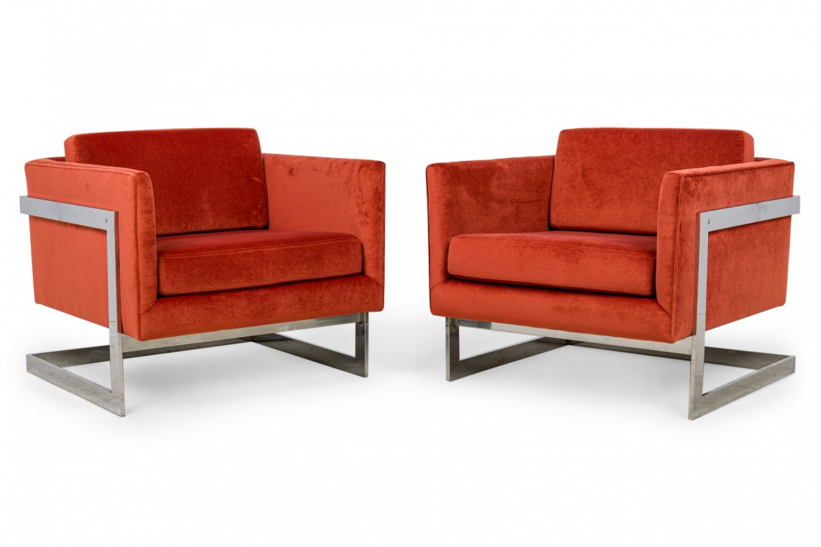 Pair of milo baughman for thayer coggin american mid century orange floating cube lounge armchairs