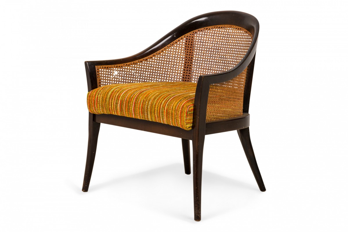 Harvey probber american mid century dark wood caning and striped upholstery armchair
