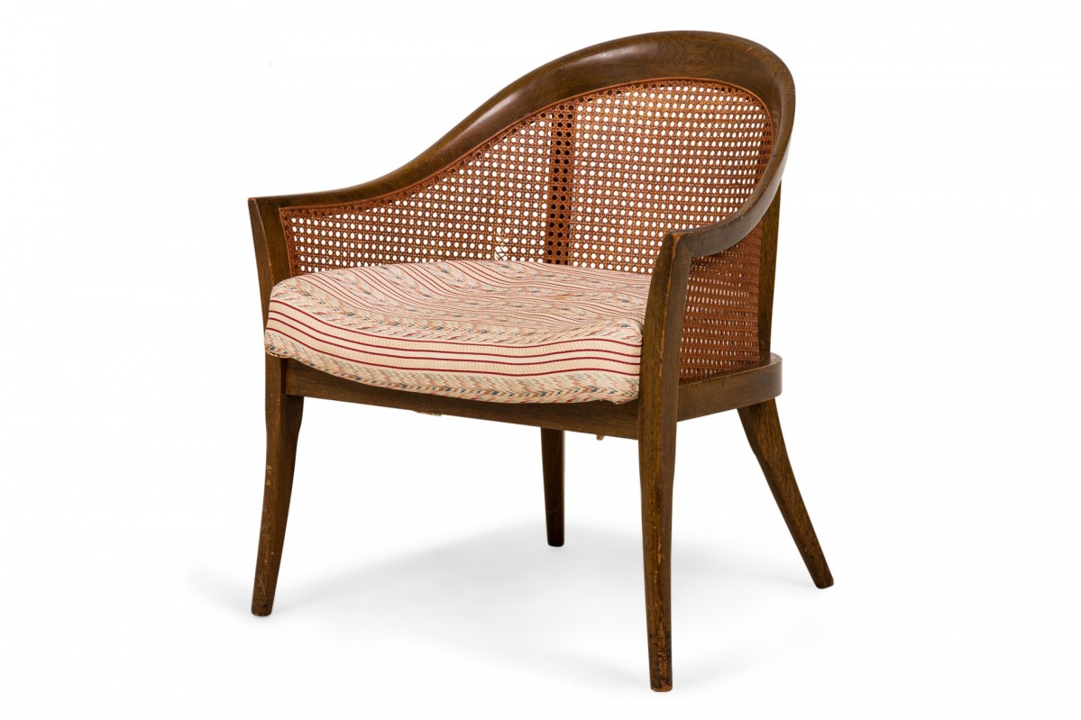 Harvey probber american mid century wood caning and striped upholstery armchair