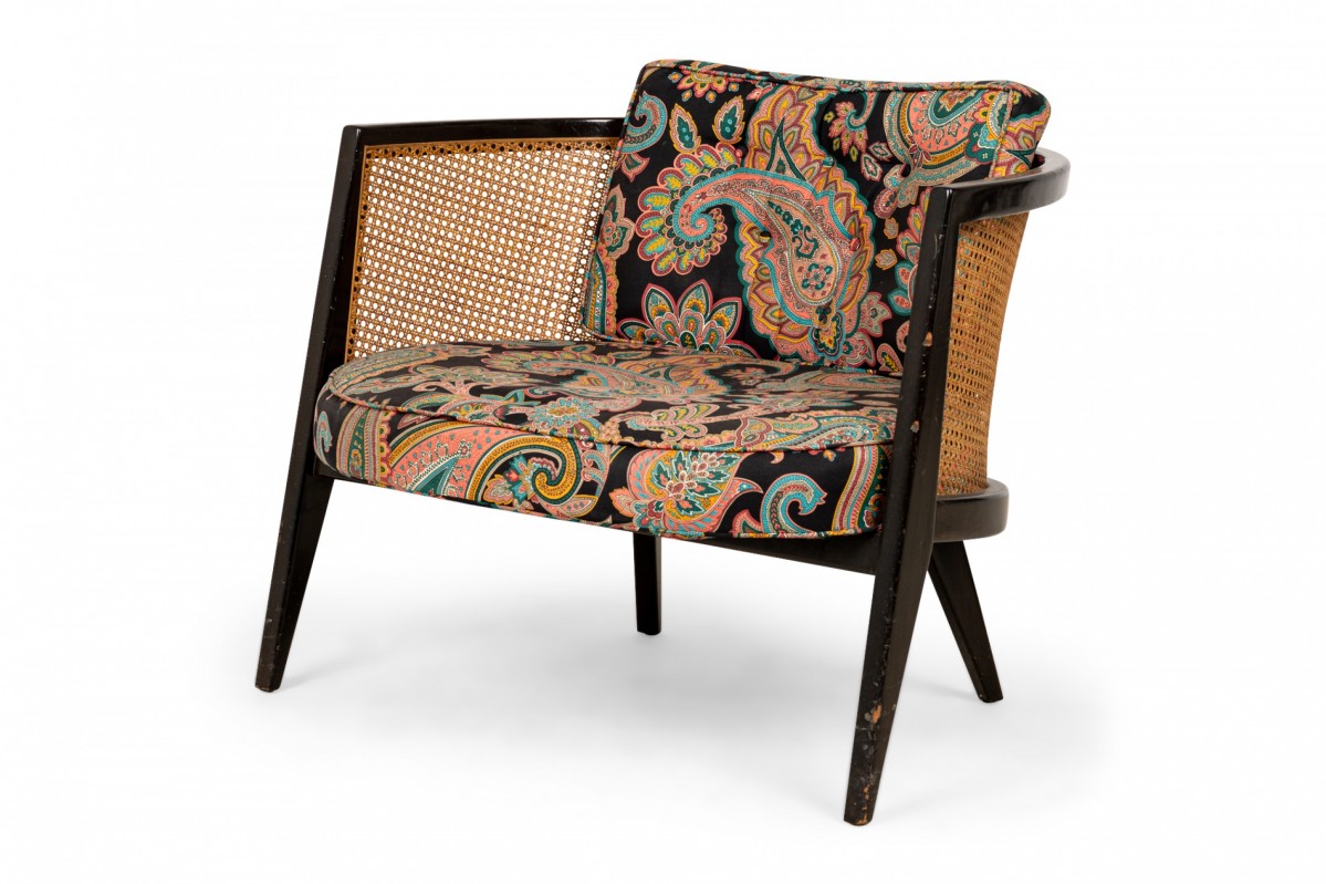 Harvey probber american mid century wood caning and paisley fabric upholstered hoop lounge chair