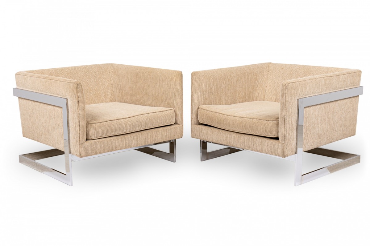 Pair of milo baughman for thayer coggin mid century beige upholstery and chrome floating cube armchairs