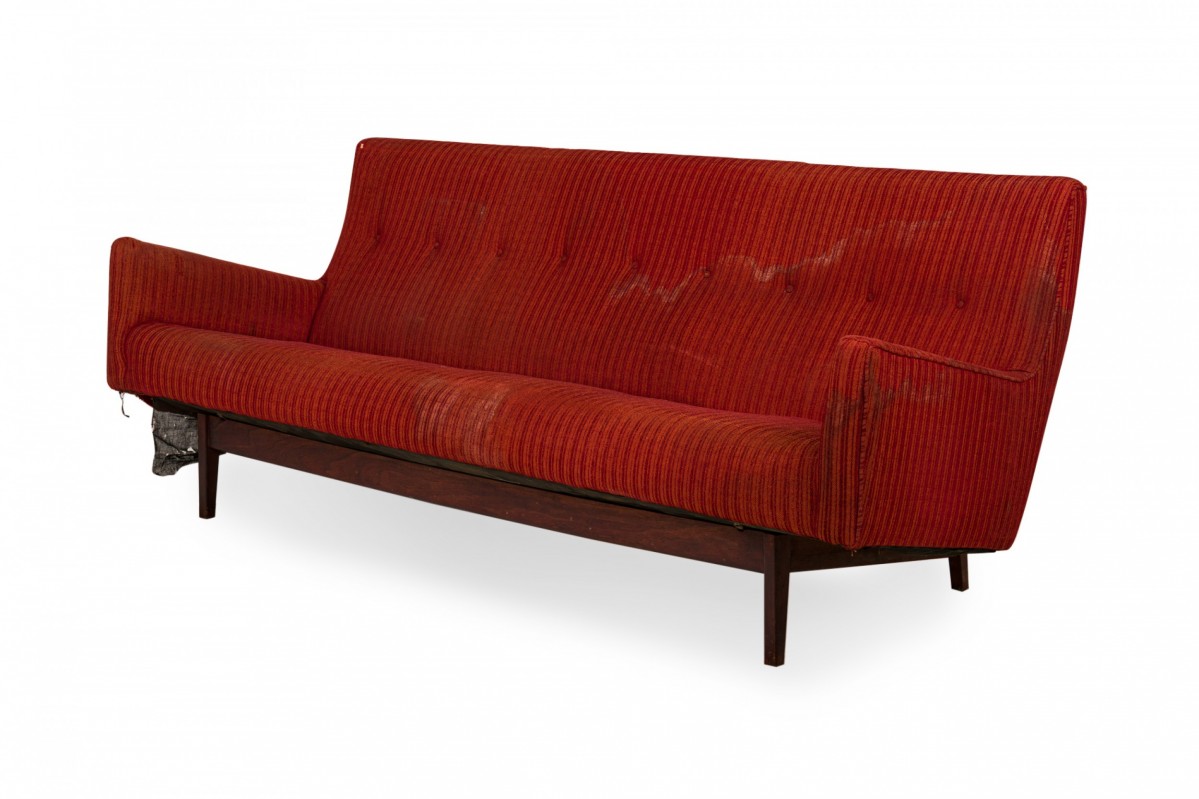 Jens risom danish mid century faintly striped red upholstered sofa