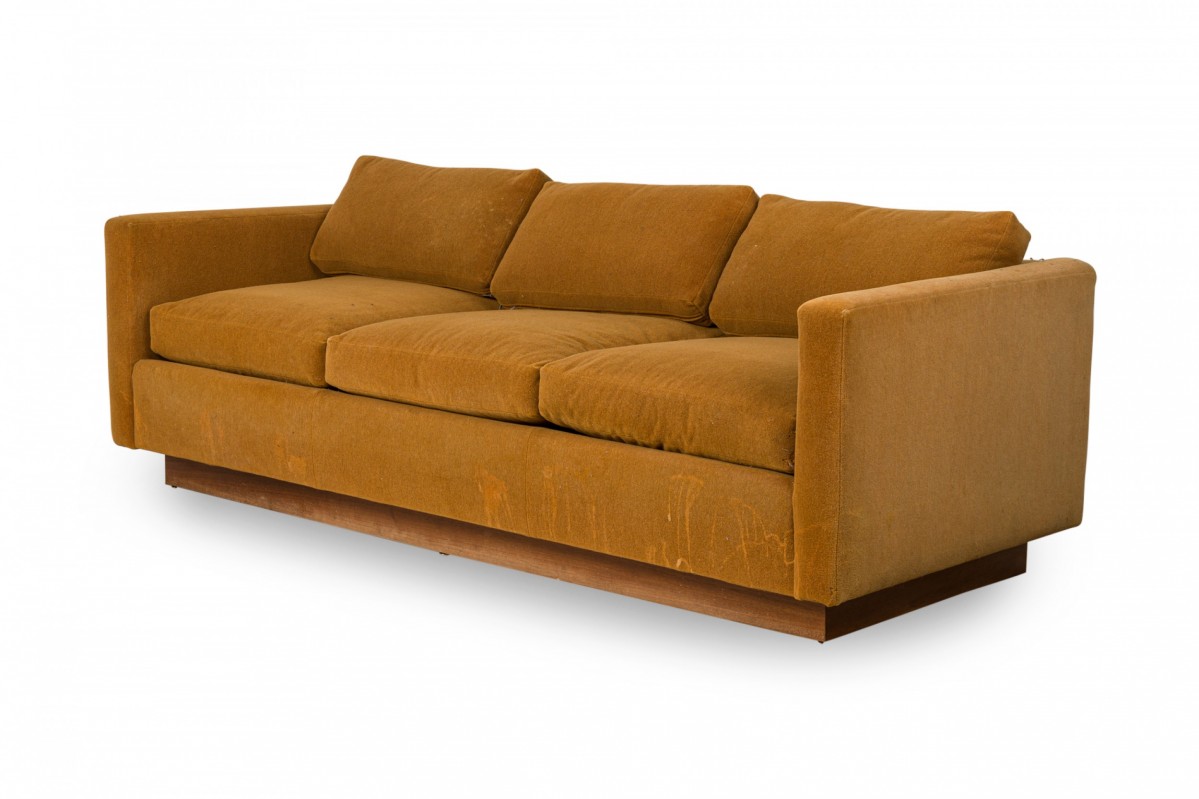 Milo baughman american mid century gold fabric upholstered floating tuxedo sofa