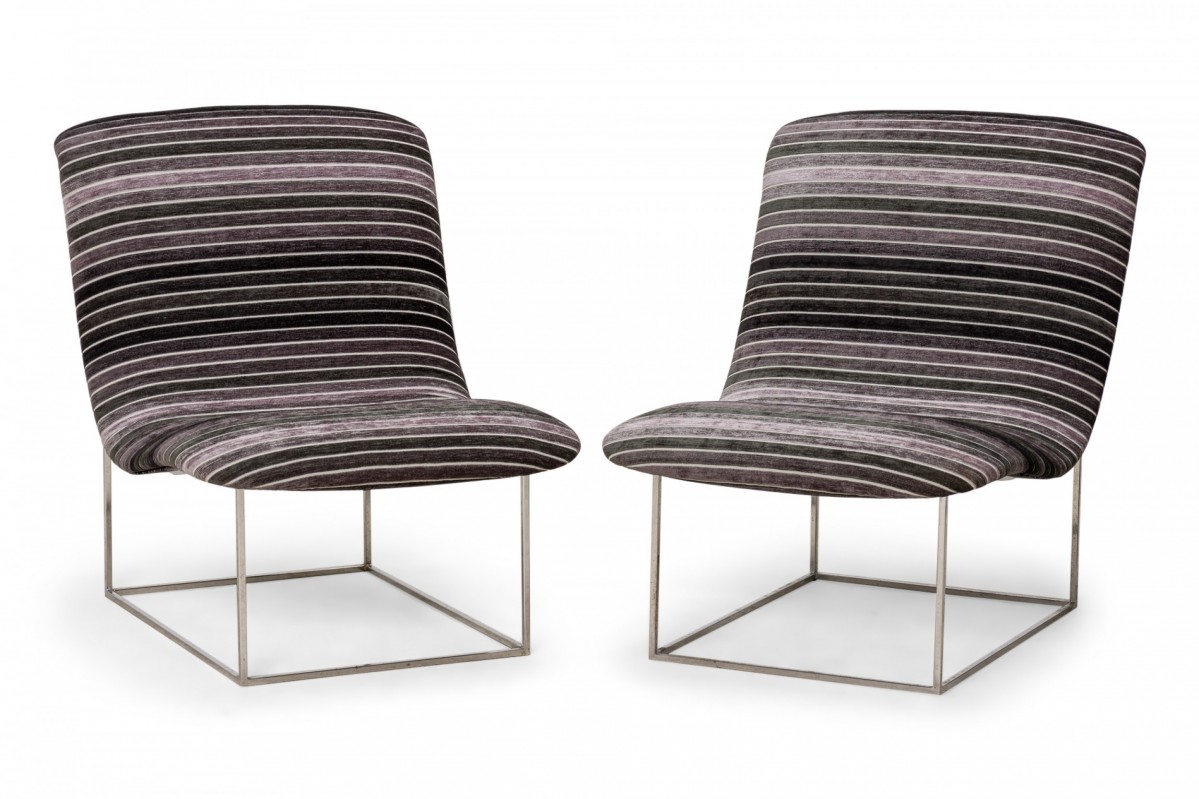 Pair of milo baughman american mid century chrome and black gray striped upholstery slipper chairs
