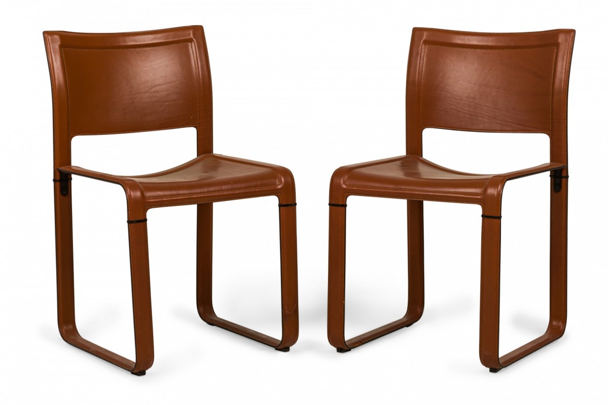 Pair of matteo grassi italian mid century brown leather wrapped side chairs