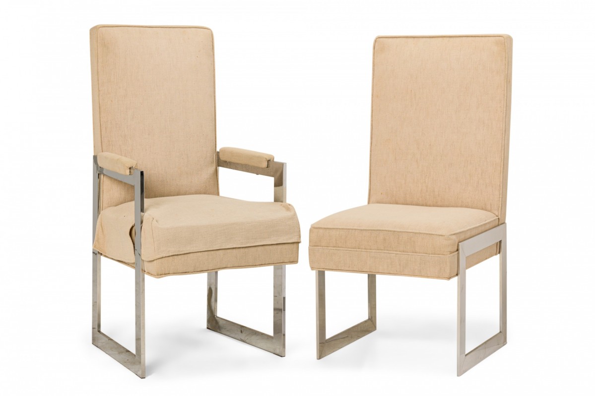 Set of 8 pace collection american mid century aluminum and beige upholstery dining chairs