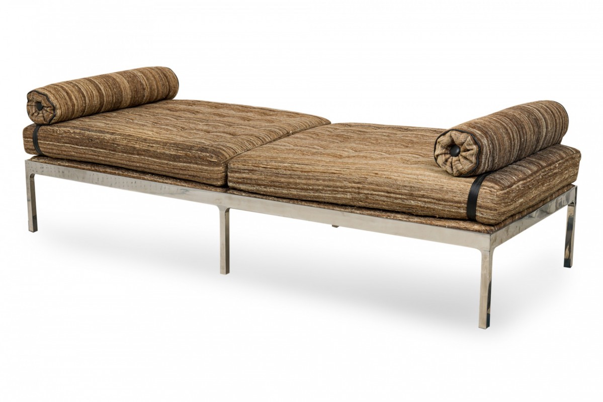 Brueton american mid century brown and beige striped upholstery and chrome daybed