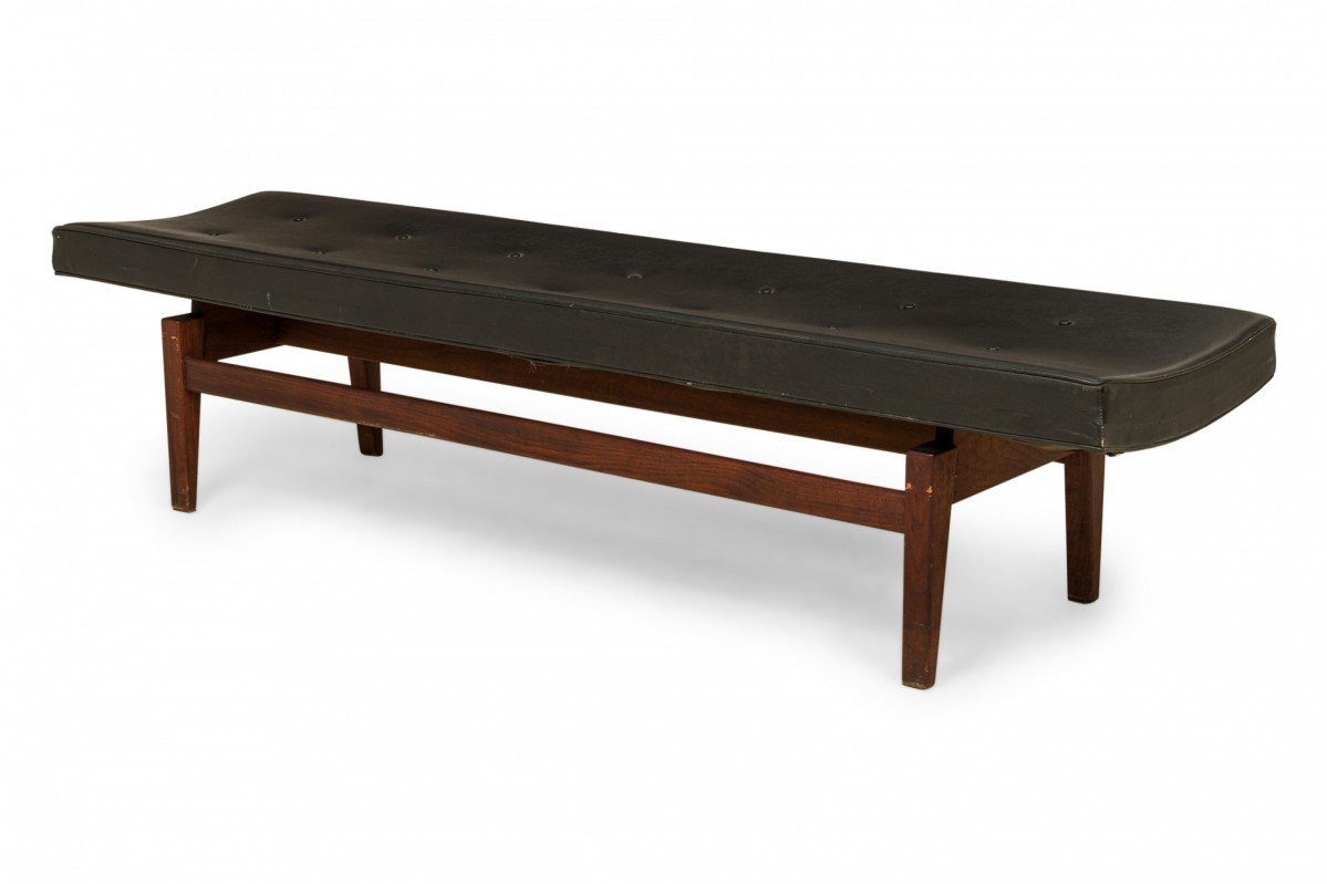 Jens risom danish mid century black tufted vinyl and wood floating bench