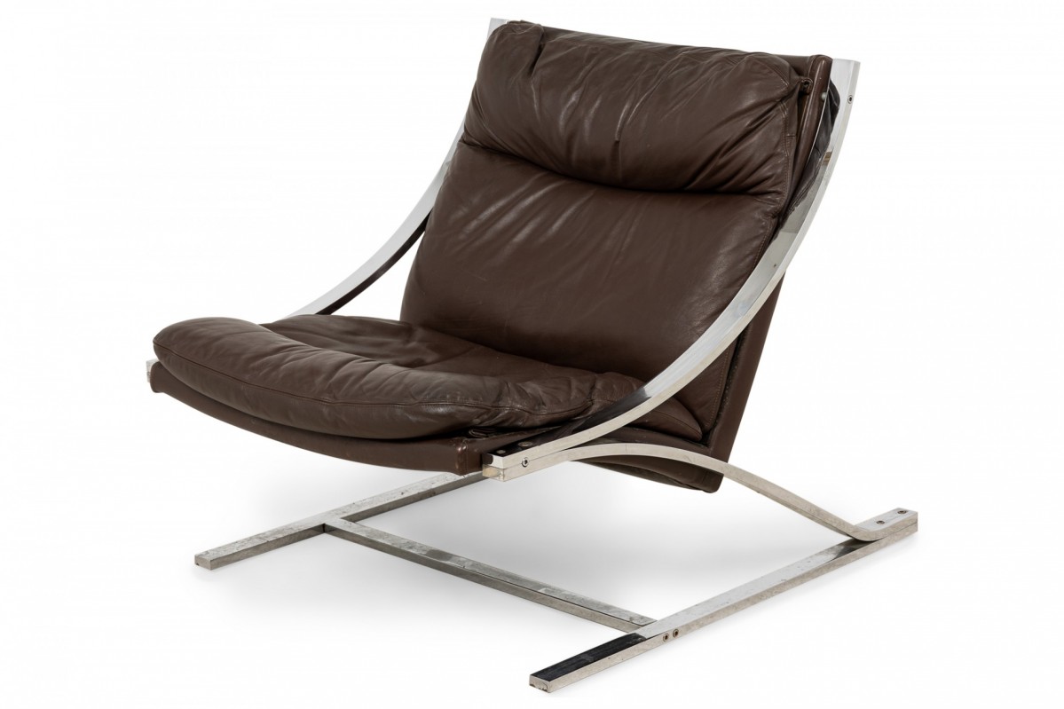 Paul tuttle for strassel mid century zeta brown leather cantilever chrome spring lounge chair