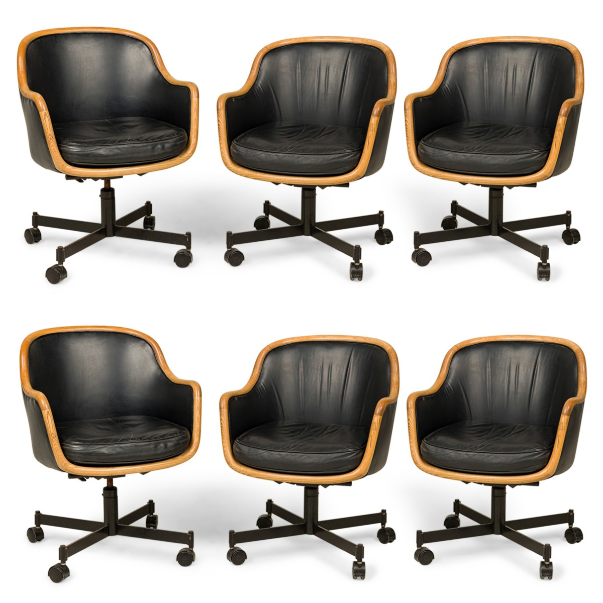 Set of 6 ward bennett for brickel associates mid century ash and black leather office chairs