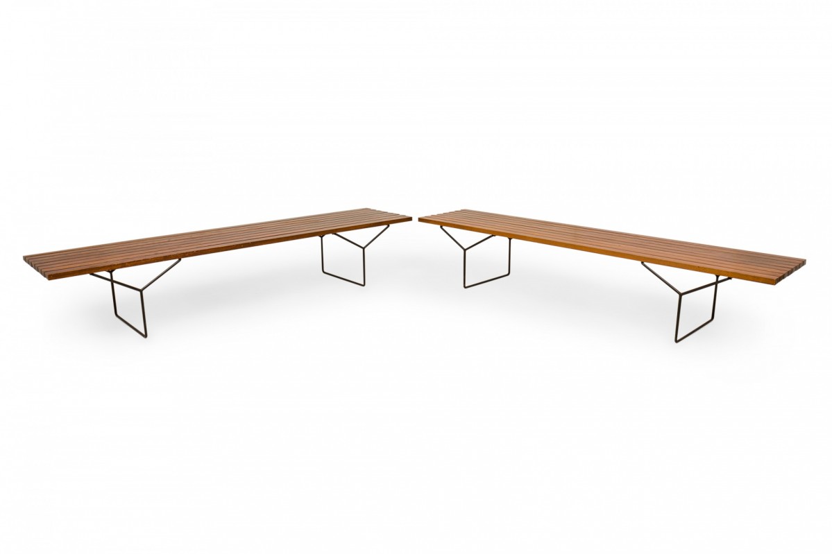 Pair of harry bertoia for knoll associates mid century wooden slat and metal y frame benches