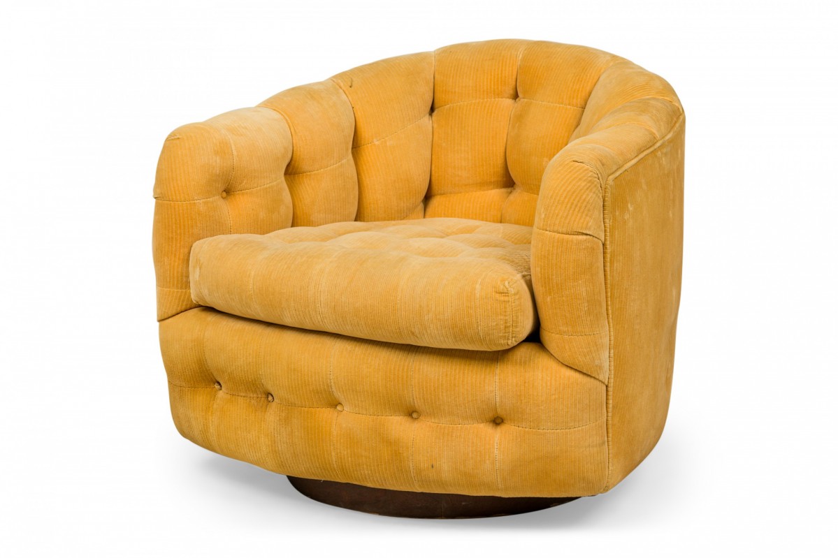 Milo baughman for thayer coggin mid century yellow tufted velour horseshoe form lounge armchair
