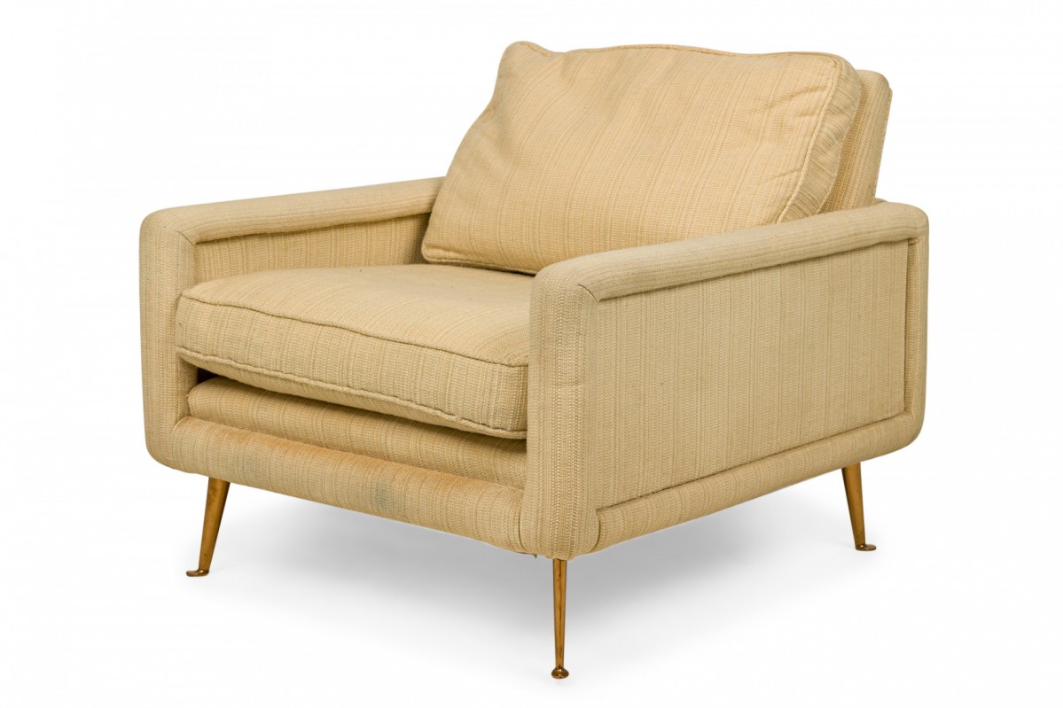 American contemporary beige fabric upholstered bronze leg lounge armchair