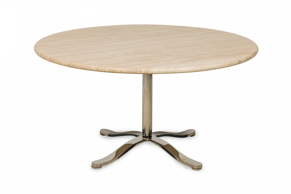 Nicos zographos mid century american circular travertine and steel dining table
