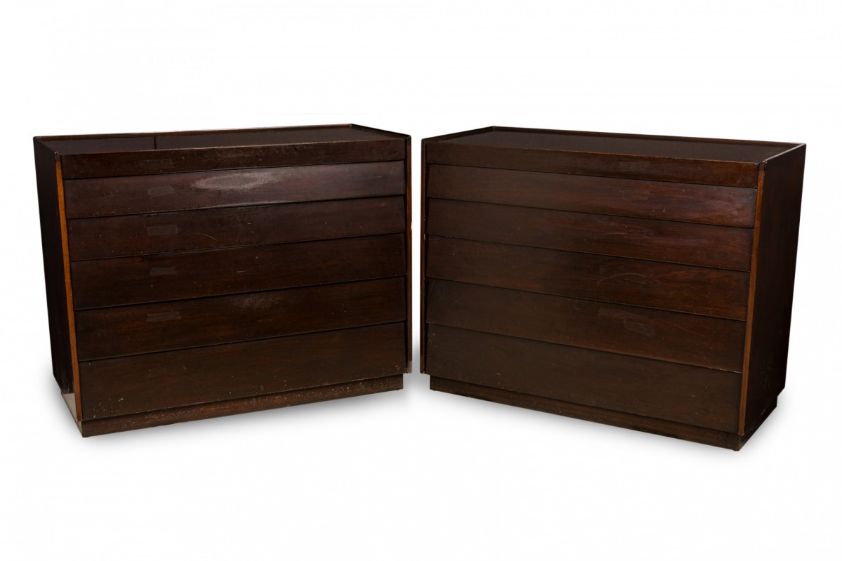 Pair of edward wormley for dunbar american mid century dark wood louver front commodes chests
