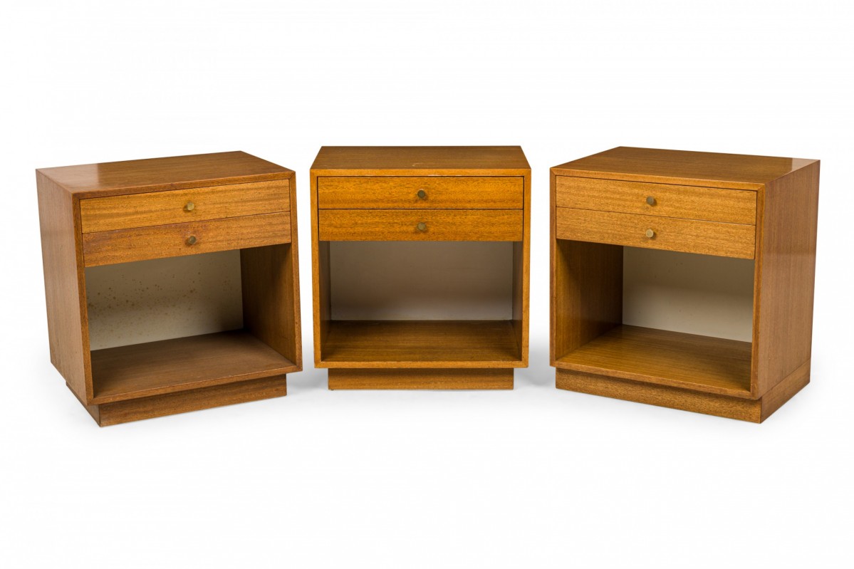 Set of 3 harvey probber american mid century wooden two drawer and open cabinet nightstands