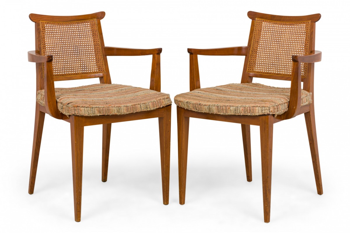 Pair of edward wormley for dunbar mid century caned back linen seat wooden dining armchairs