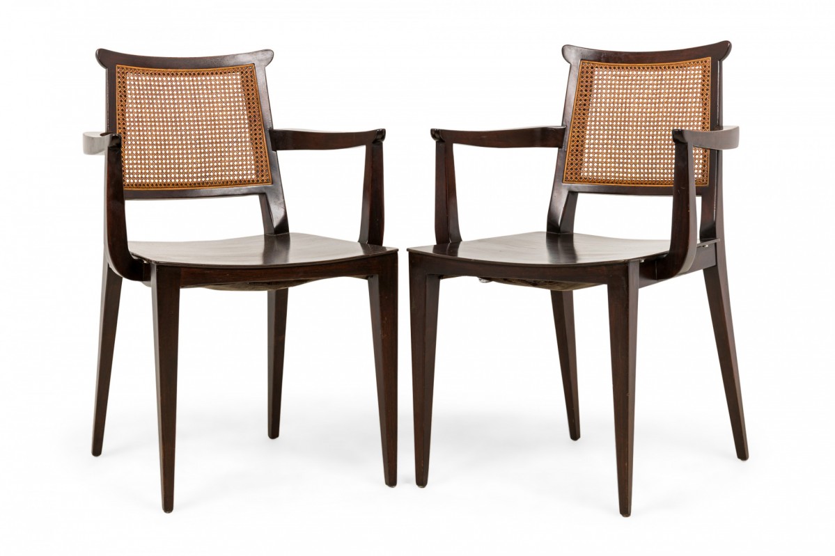 Set of 2 edward wormley for dunbar mid century caned back wooden dining armchairs